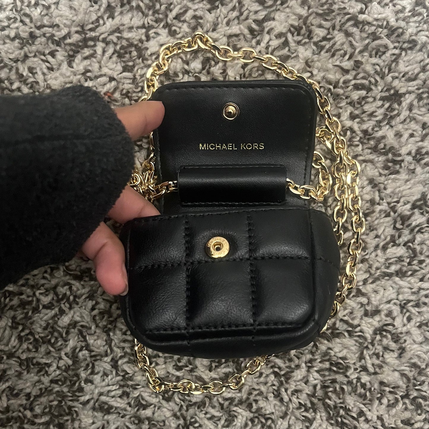 Michael Kors Black Quilted Micro Crossbody Bag with Gold Chain